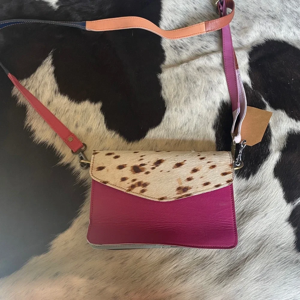 New Leather Crossbody Bag Colorful Strap Hair‎ On Hide Magenta Small Purse